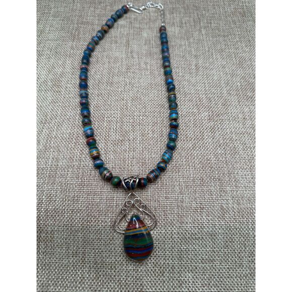 Sterling Silver Multicolor Beaded Necklace w/ Teardrop Pendant – Artisan Stateme - Picture 3 of 10